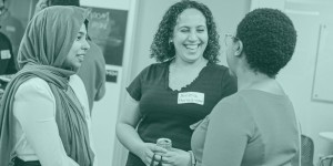 Three female founders chatting and having fun